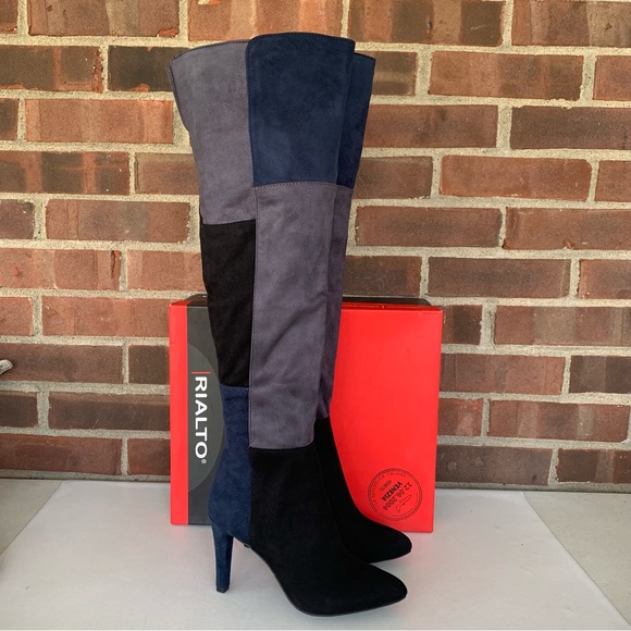 RIALTO Womens Blue Colorblock Carpio Almond Toe Stiletto Zip-Up Dress Heeled Boots M